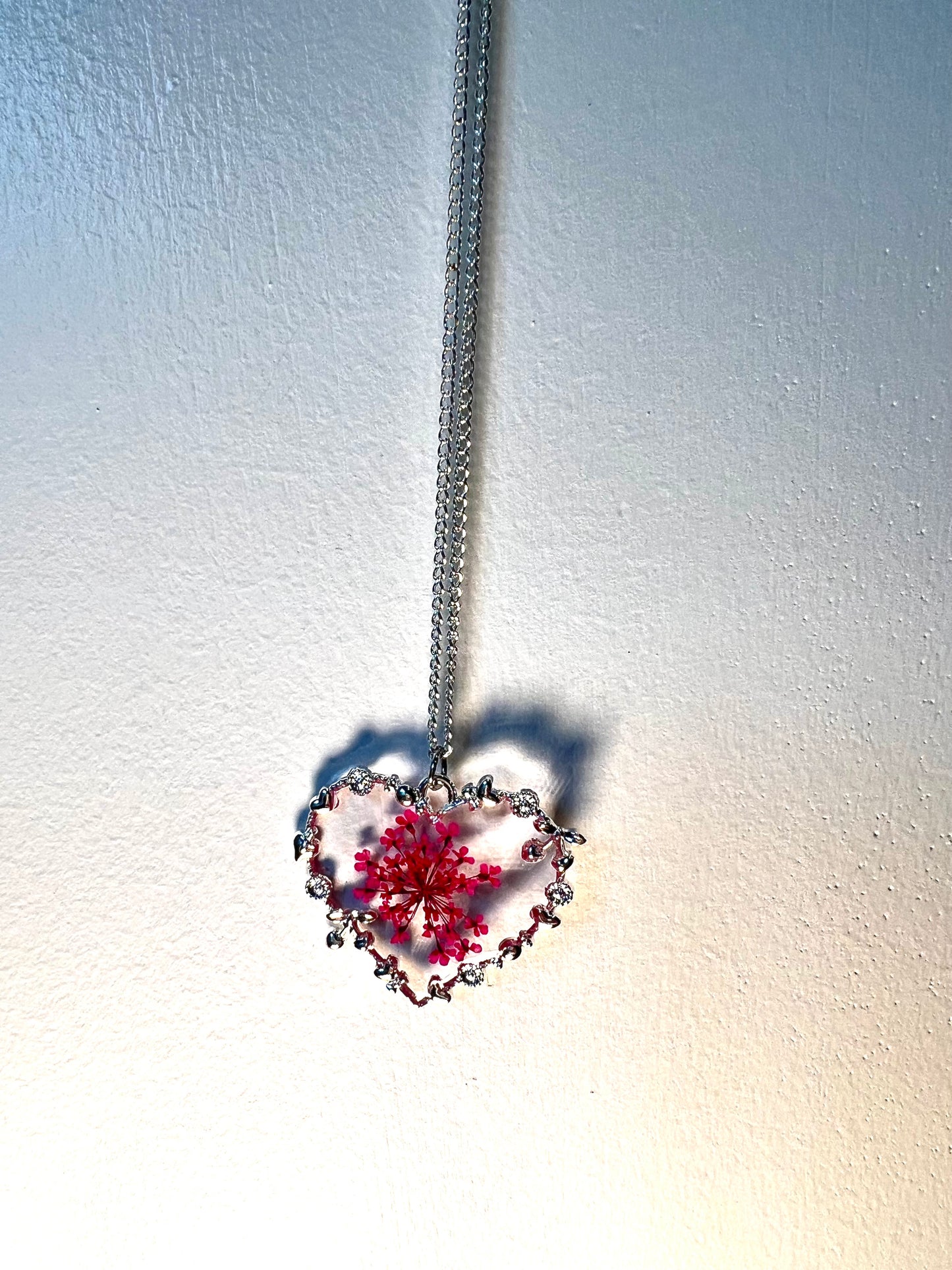 Dried pink flower heart necklace