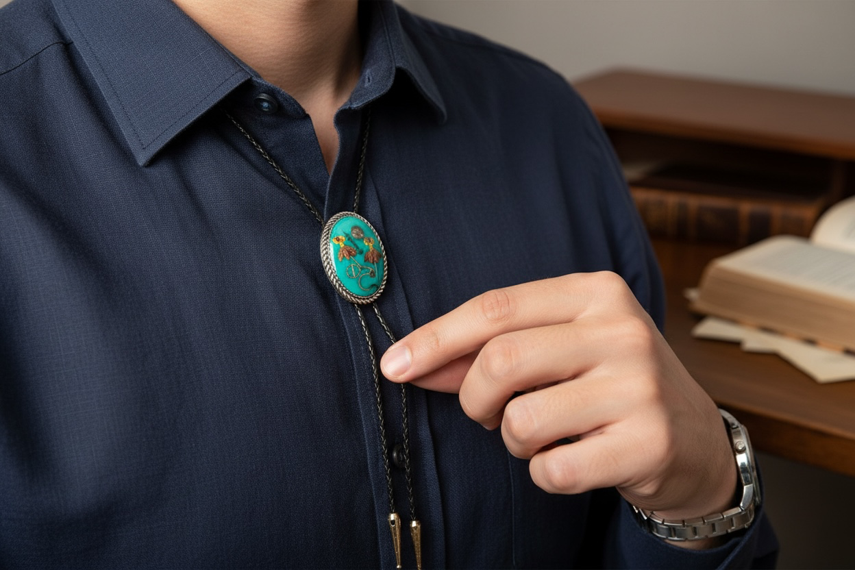Bolo tie, red and yellow flowers and watch gears on a green background