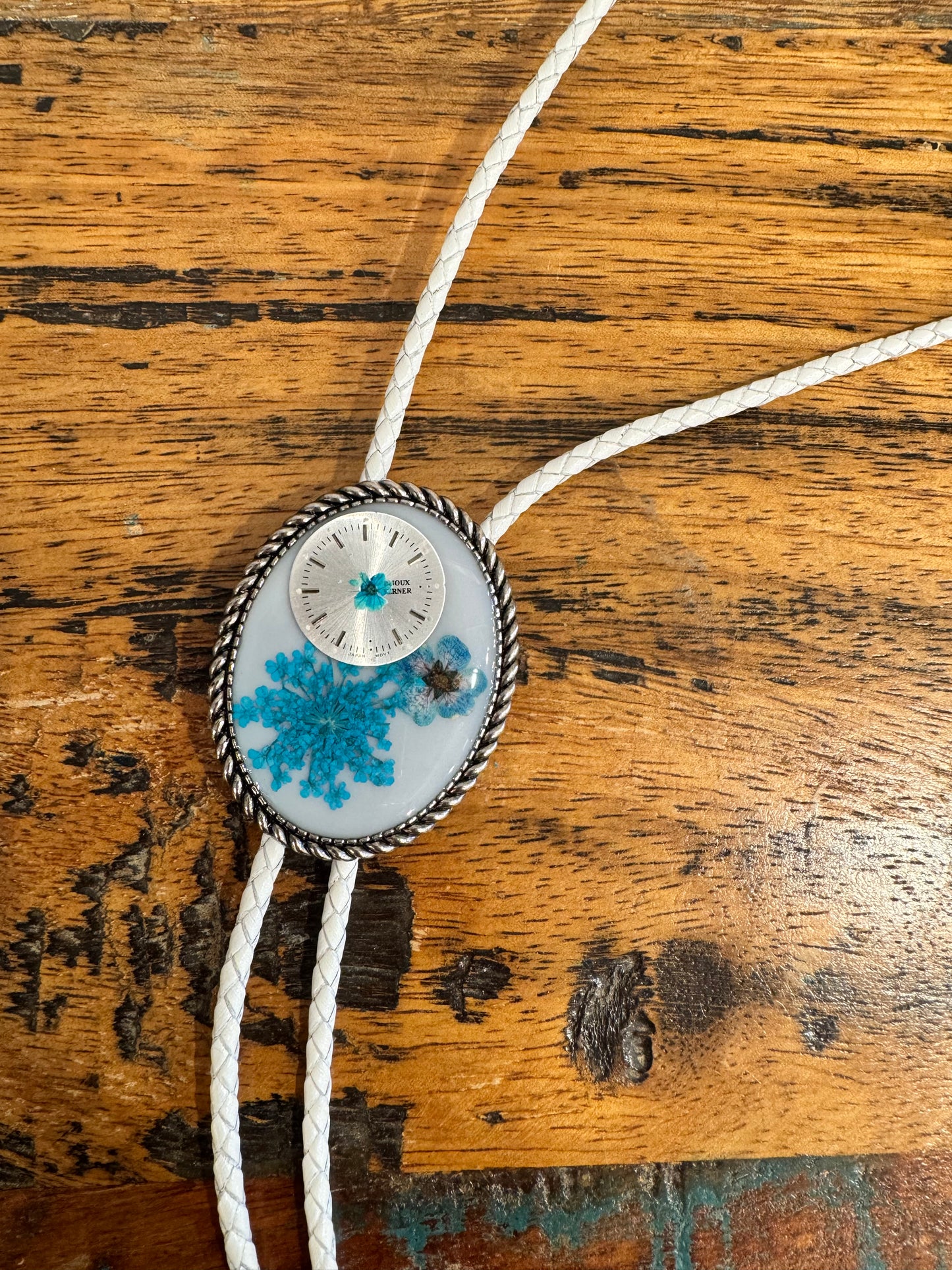 Bolo tie, blue flowers and watch gears, handmade resin jewelry