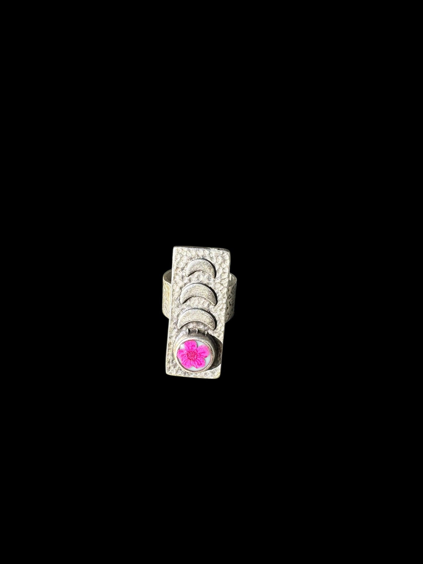 Rectangle ring with pink flower and moon phases design