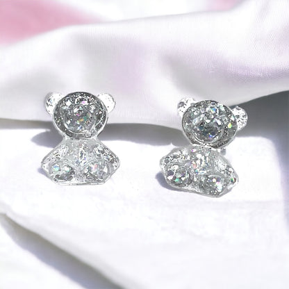 Silver Glitter Teddy Bear Earring Studs