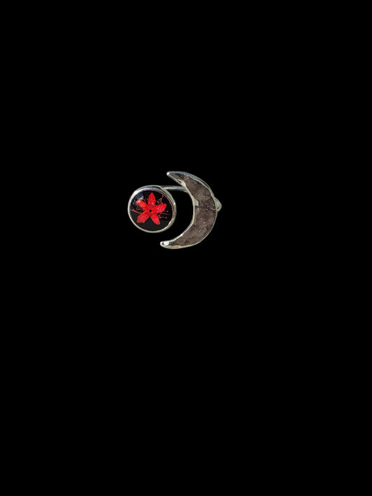 Moon silver plated ring with red flower