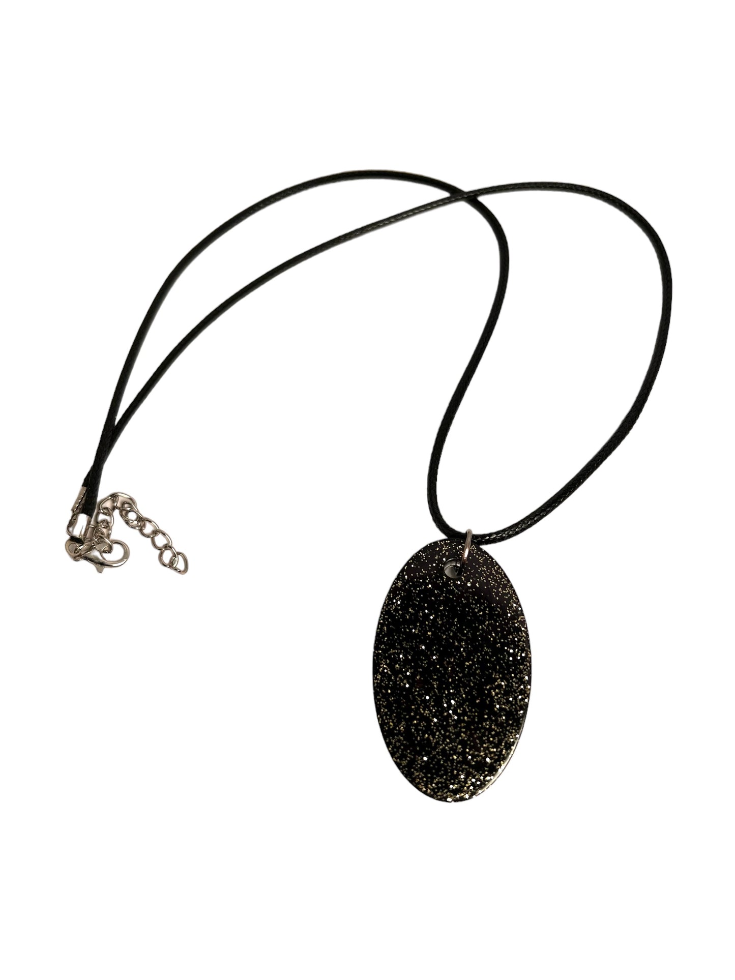 Antiques watch parts oval necklace in black and gold glitter resin