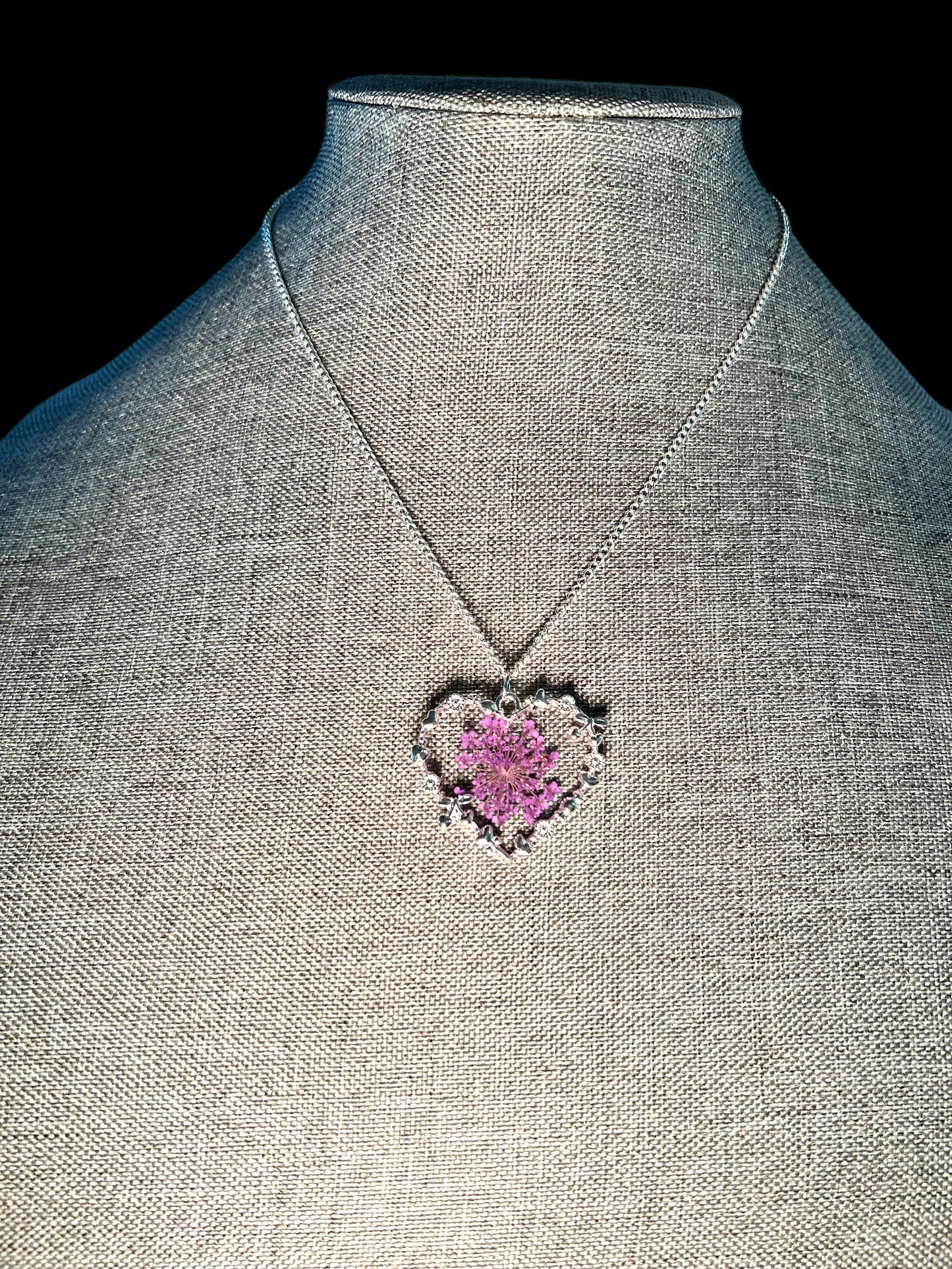 Dried purple flower heart necklace