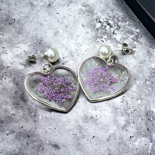 Heart with purple flowers earrings