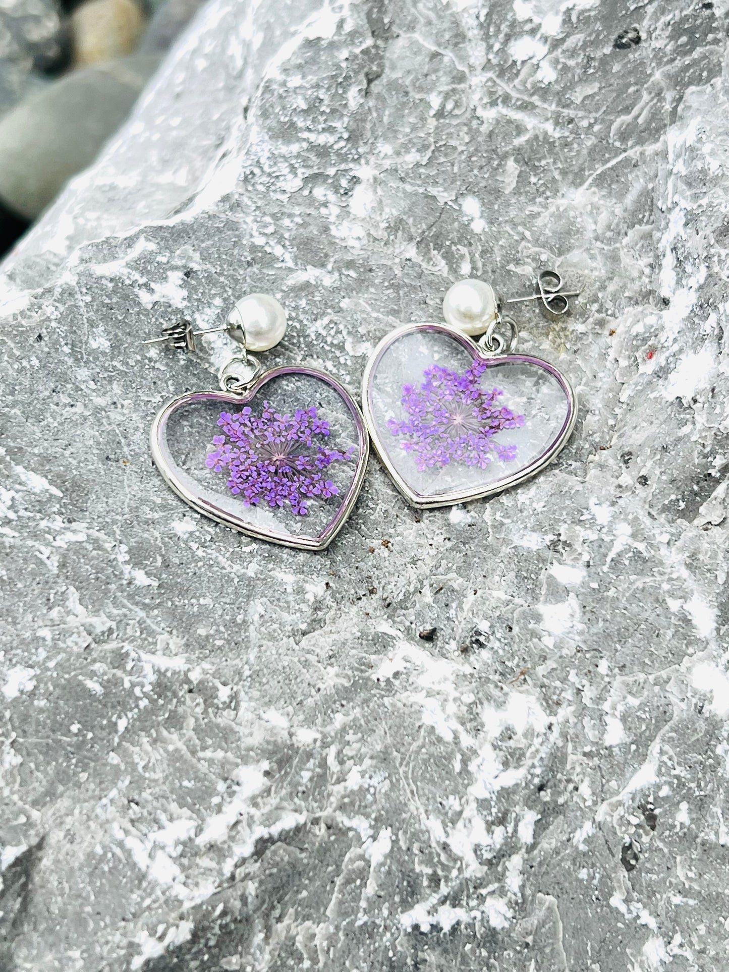 Heart with purple flowers earrings