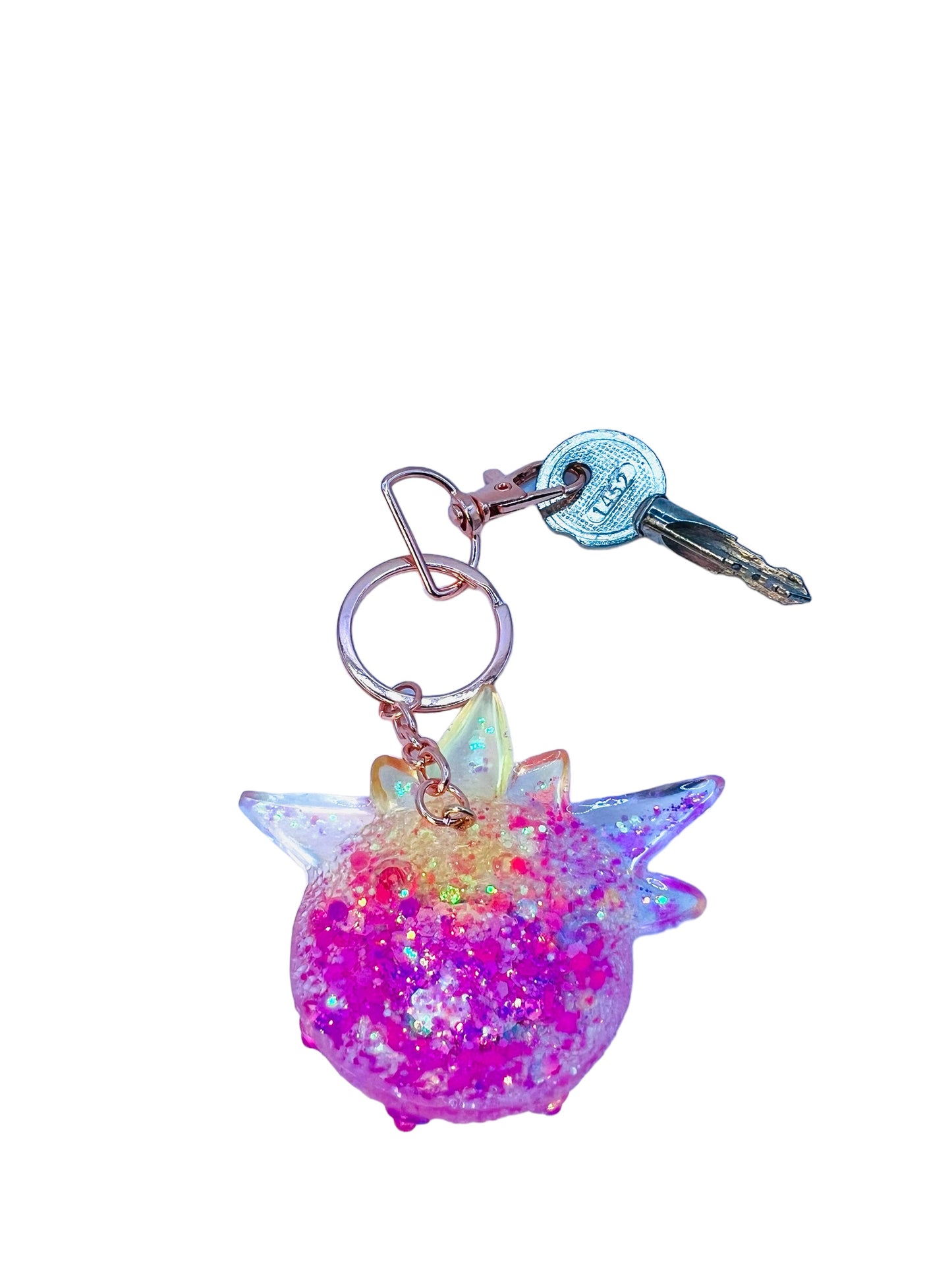 Pink glitter monster keychain. Model Spiky.