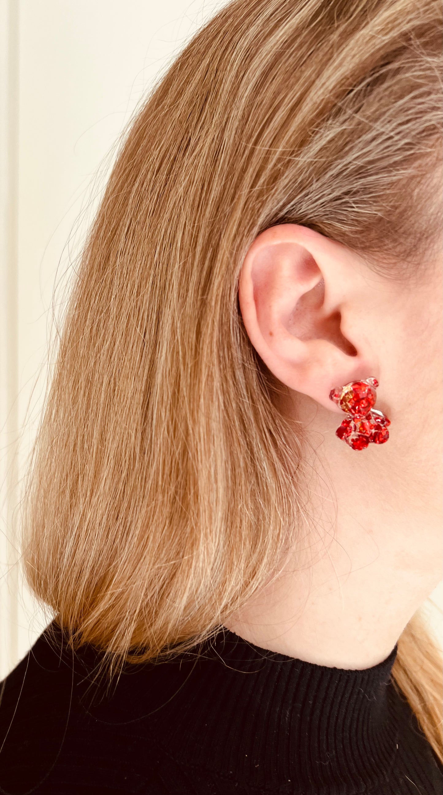 Glittery Red Teddy Bear Earring Studs