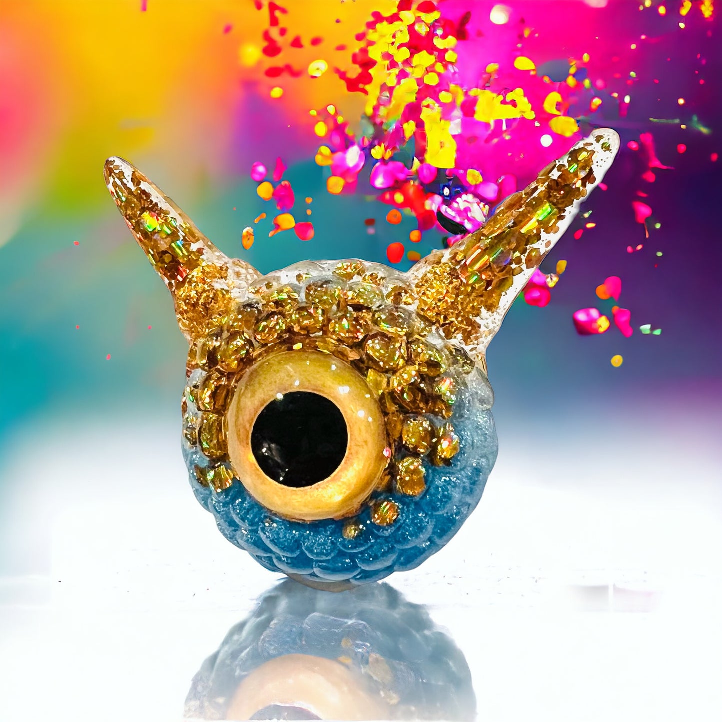 Monster Eyeball Brooch Pin, gold and blue Dragon Eye, Creepy Cute Pastel Goth brooch, handmade brooch in resin, unique eye jewelry, Model Pointy.