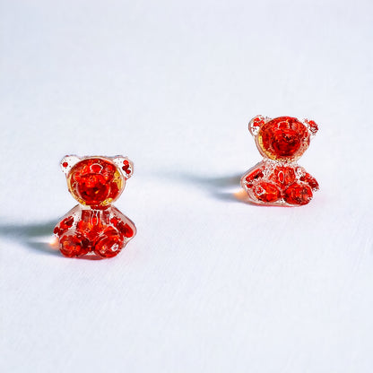 Glittery Red Teddy Bear Earring Studs