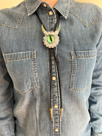 Bolo tie, unique monster bolo necktie, handmade resin jewelry, unisex bolo tie. Model Vicky.