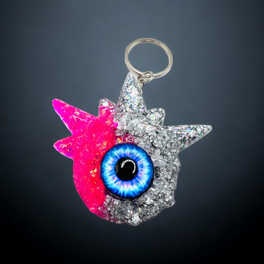 Monster pink and silver glitter keychain. Model Spiky.