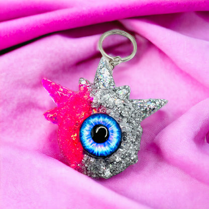 Monster pink and silver glitter keychain. Model Spiky.