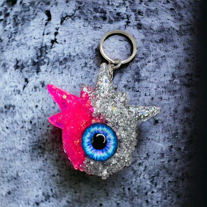 Monster pink and silver glitter keychain. Model Spiky.