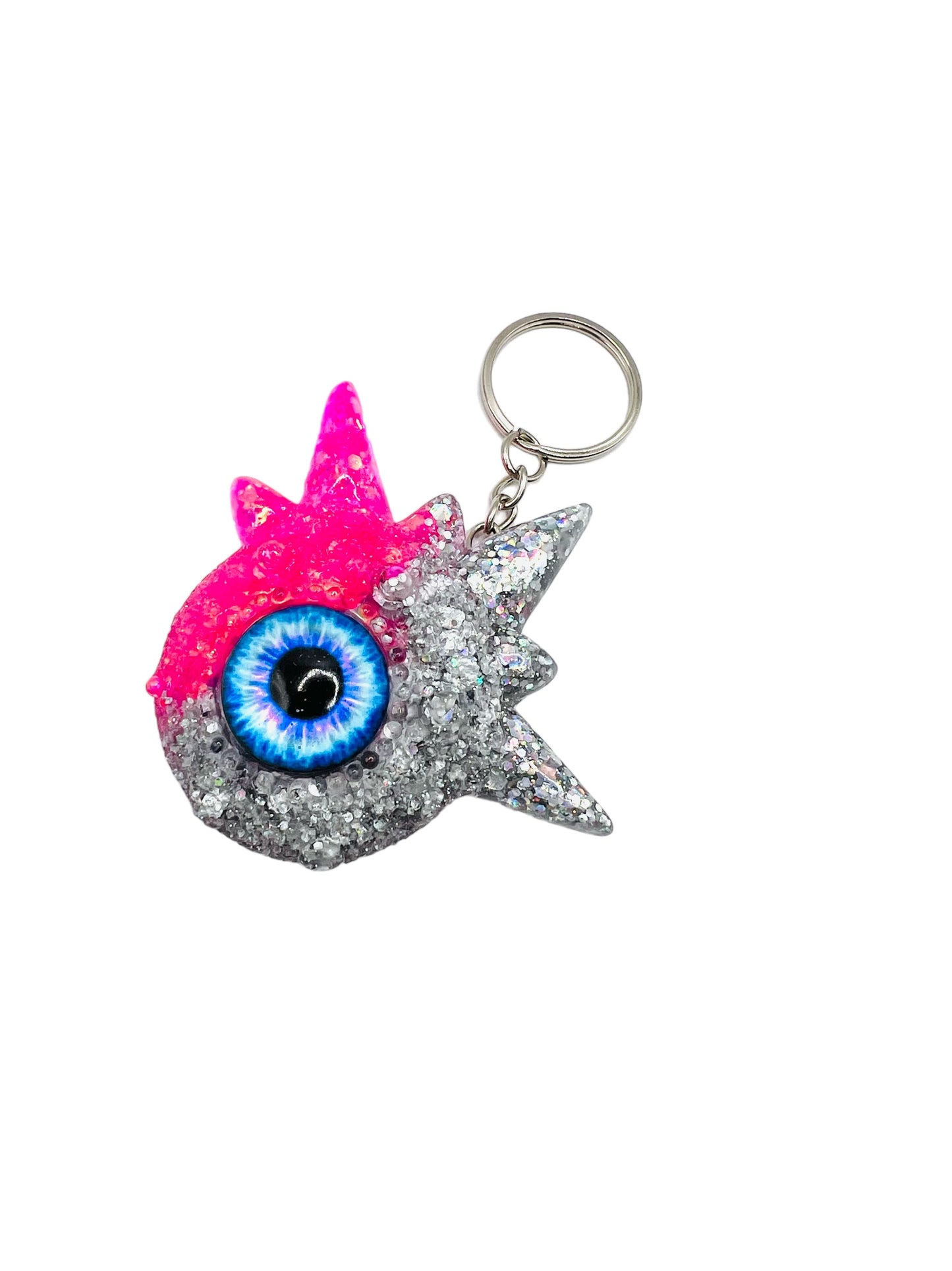 Monster pink and silver glitter keychain. Model Spiky.