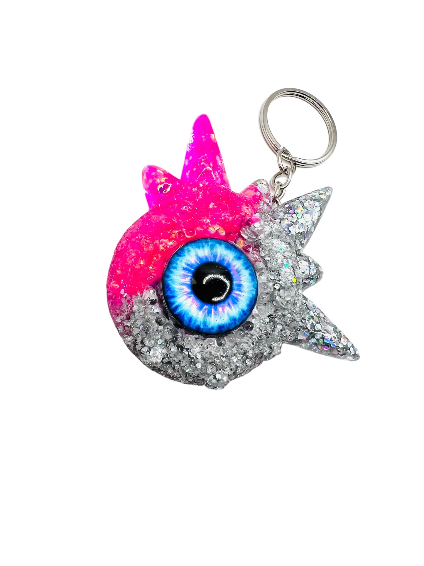 Monster pink and silver glitter keychain. Model Spiky.