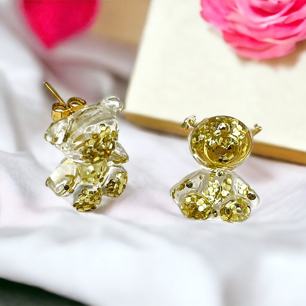 Gold Glitter Teddy Bear Earring Studs