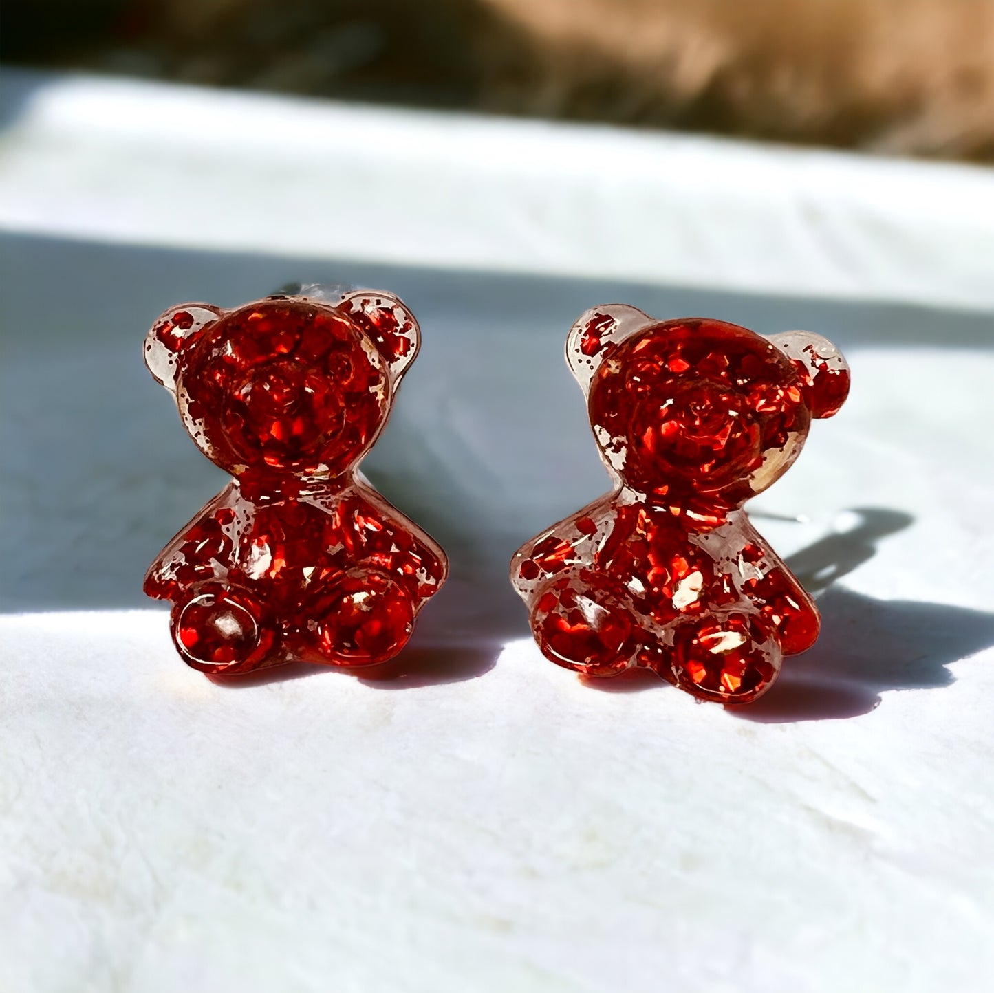 Glittery Red Teddy Bear Earring Studs