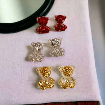 Glittery Red Teddy Bear Earring Studs