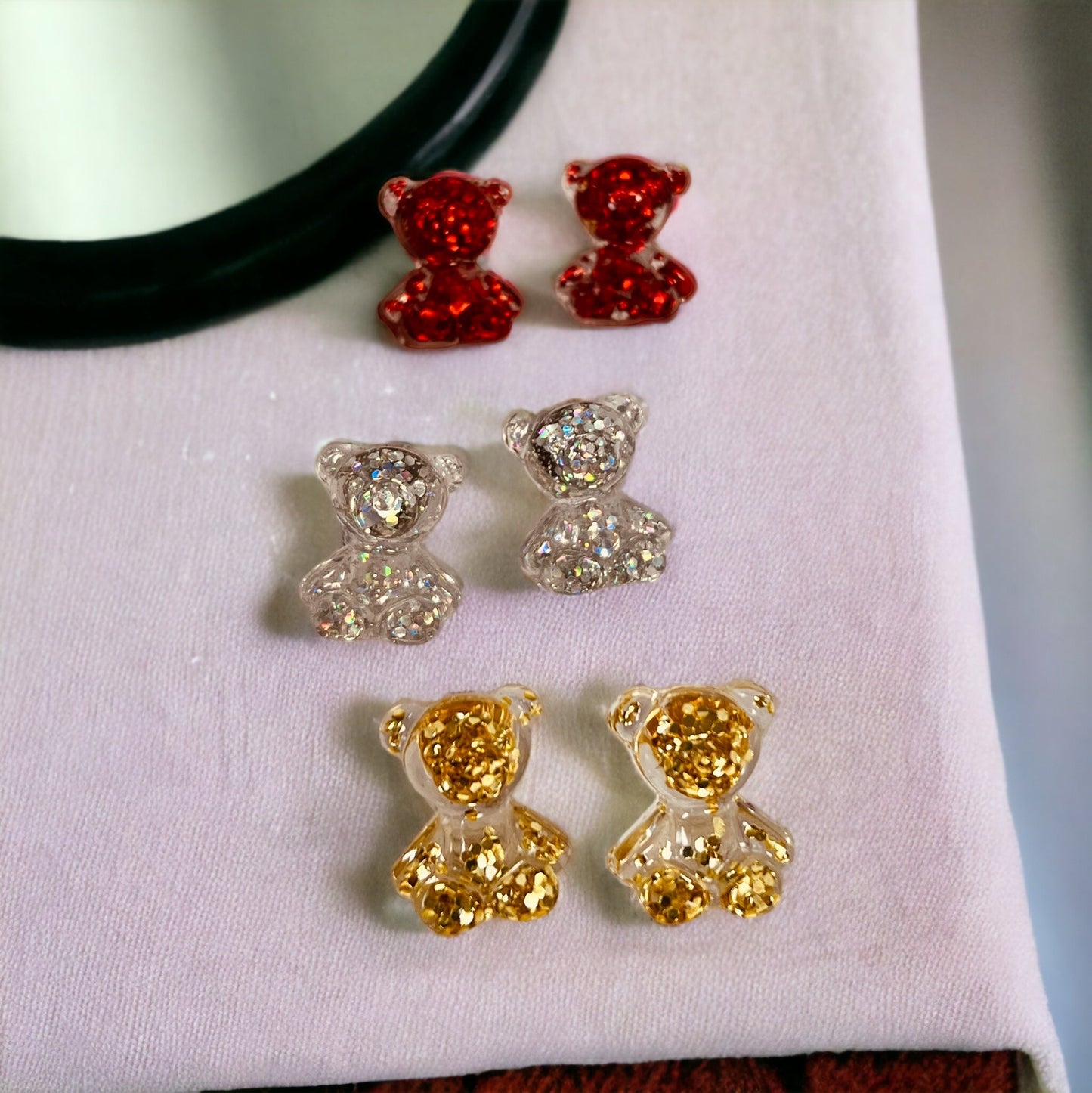 Gold Glitter Teddy Bear Earring Studs