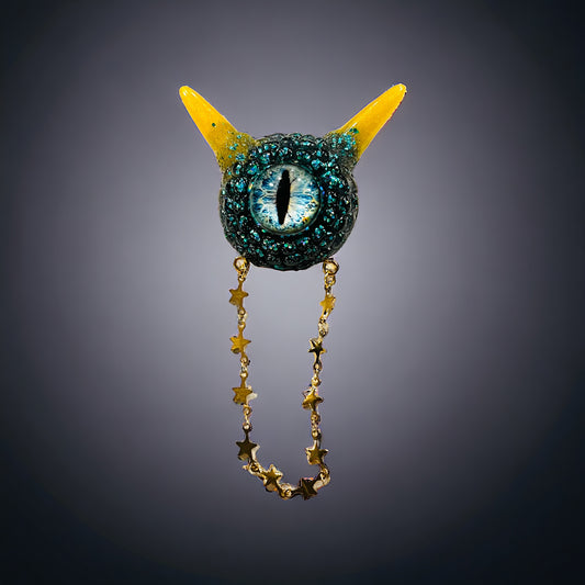 Handmade Eyeball brooch, unique jewelry, blue and yellow monster brooch with chain, Model Pointy